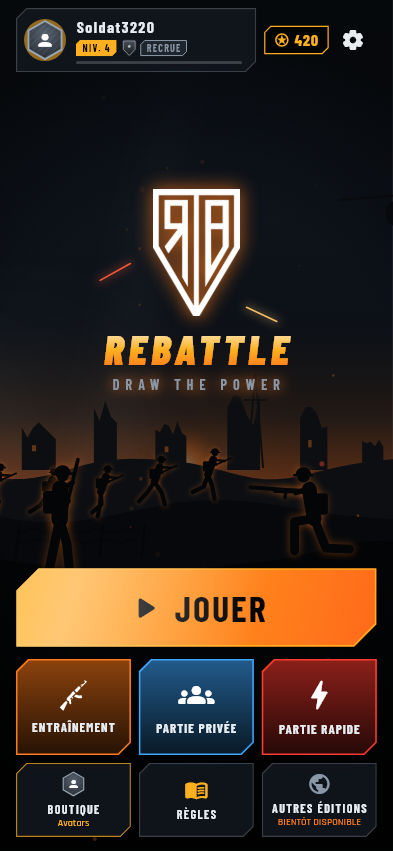 Menu principal de Rebattle avec un champ de bataille animé